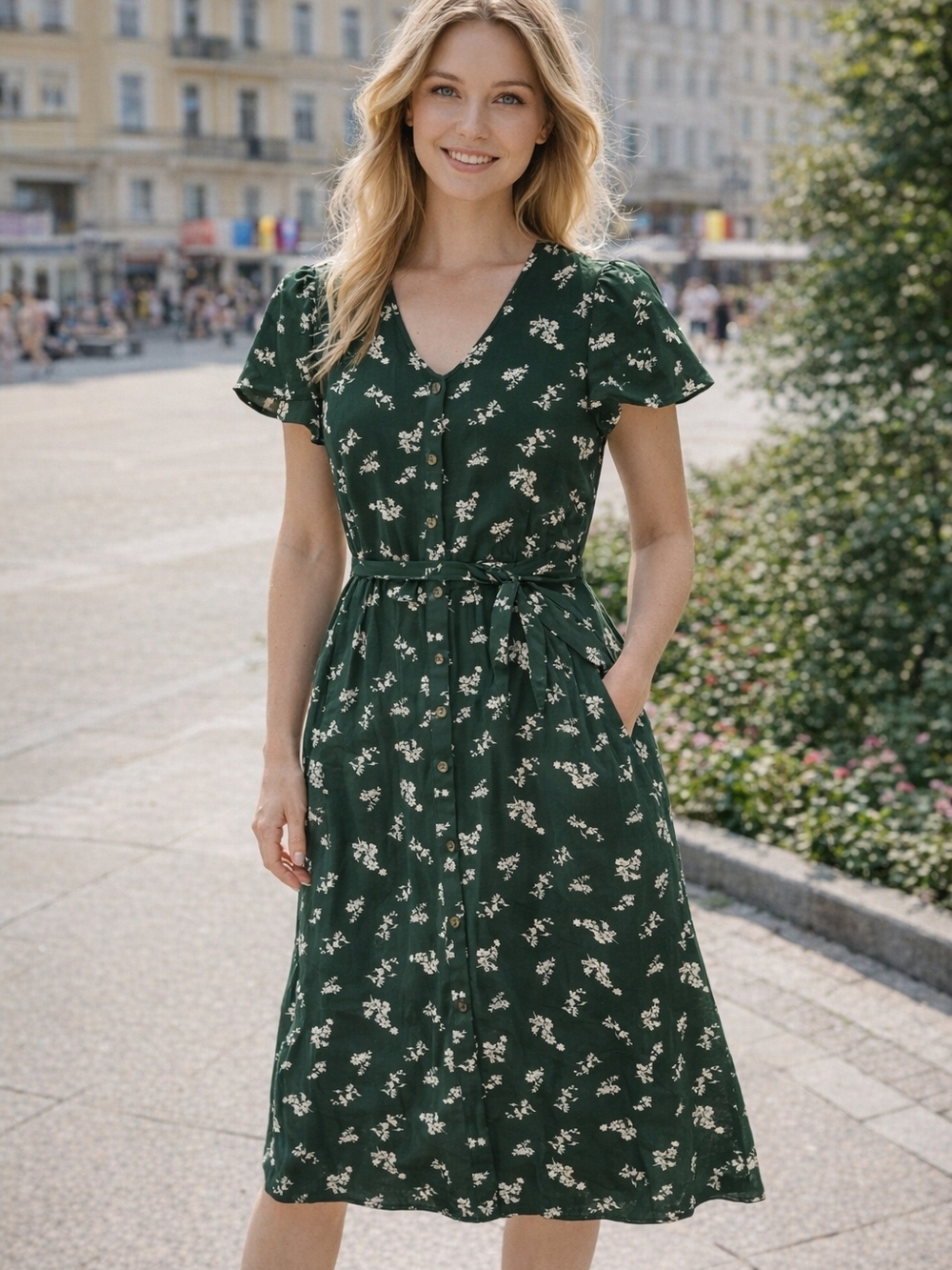 🍏👗Antopologie Maurices Dark Green Floral Midi Dress with Tie Waist